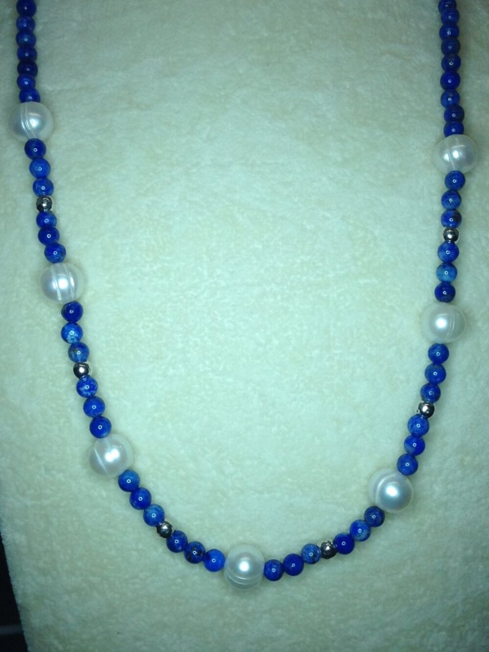 Lapis Lazuli Beads and Freshwater Pearl with Silver beads Necklace.